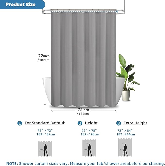 Waterproof Waffle Shower Curtain, No Liner Needed, 72x72 Inch Grey | Hotel-style waffle-weave fabric, built-in waterproof TPU backing, no separate liner needed, machine washable for bathroom use