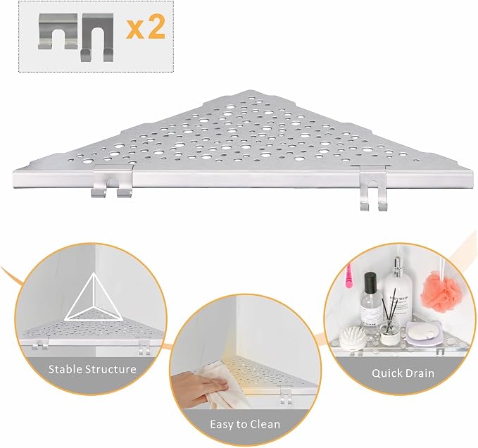 WELLUP Shower Shelf Brushed Nickel 2 Pack,Corner Shower Shelf with 4 Hooks | 304 Stainless Steel Corner Shelf Recessed, Shower Corner Shelf for Tile Wall,Holds 15 lbs,Hollowed Drainage,Easy Install