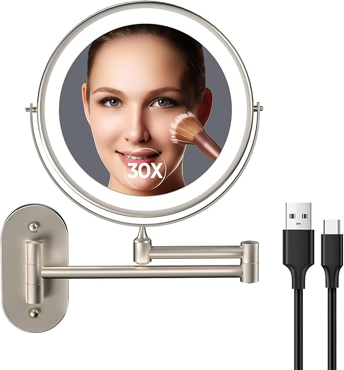 5000mAh Rechargeable Wall Mounted Lighted Makeup Vanity Mirror1X/30X Nickel | Double Sided Magnifying Bathroom Mirror, 3 Color Lighting, Touch Screen Dimming, Extended Arm 360 Rotation Shaving Mirror