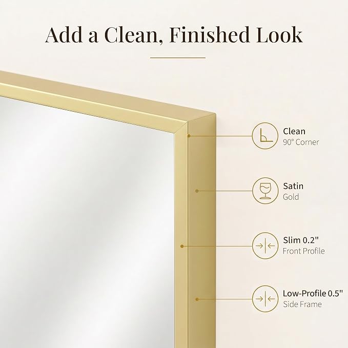 2-Pack 24"x36" Satin Gold Framed Bathroom Vanity Wall Mirrors | Taller Vanity Pair, Balanced Twin-Sink Look, Matching Finish Across Rooms, Vertical/Horizontal Hanging, Tempered Glass