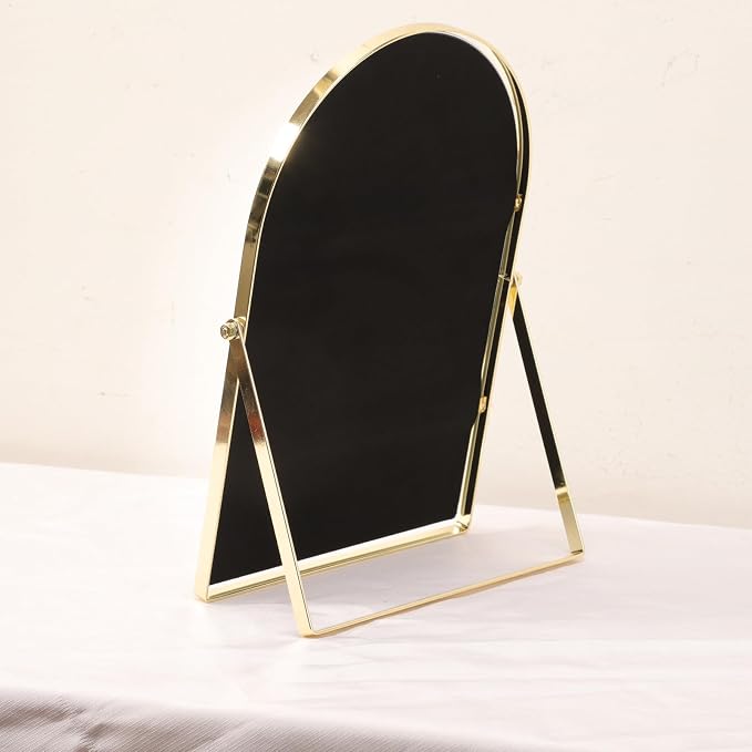 Golden Metal Mirror Vanity Table Desk Arch Makeup Bathroom Mirror Rotation Framed Standing Mirrors 90°Adjustable Room Decor for Living Room,Bedroom,Tabletop