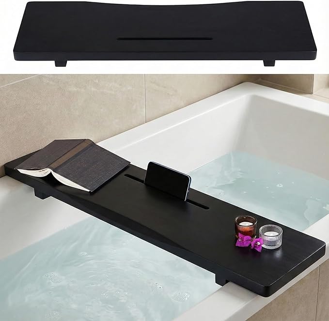 Black Bamboo Bathtub Tray Caddy with Adjustable Legs, for Standard Tub | Minimalistic Design, 29.5"L Thick Board, Fit Standard and Against Wall Bath Tubs, Bathtub Accessories, Gift Idea for Women