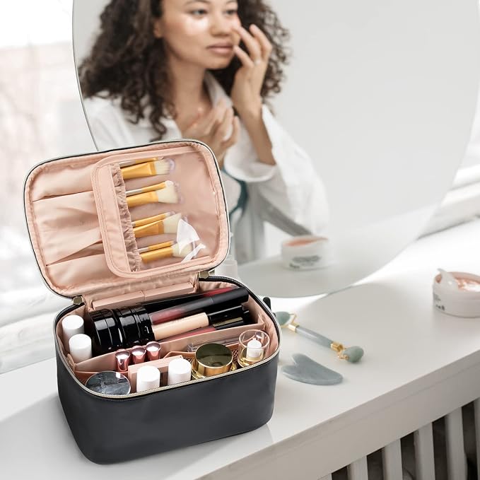 Makeup Bag, Portable Cosmetic Bag Black Make up Case Toiletry Bag | Large Capacity Travel Makeup Case Organizer for Women Toiletry Bag for Girls Traveling With Handle and Divider