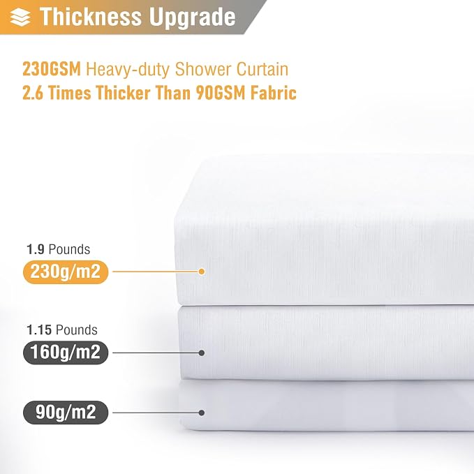 White Linen Textured Waterproof Thick Fabric Shower Curtain Set, 72x72 | 230GSM Polyester, Heavy Duty Cloth, Weighted Hem, 12 Plastic Hooks, Modern Hotel Style, Machine Washable, Bathroom Decor