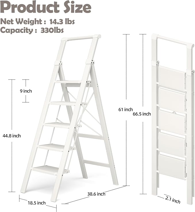 HillhutApex Aluminum 5 Step Ladder, Step Stool Foldable Ladder(White) | Stepladder with Handgrip,Anti-Slip Pedals,330lbs Capacity,Lightweight Folding Ladder for Home,Office,Libaray