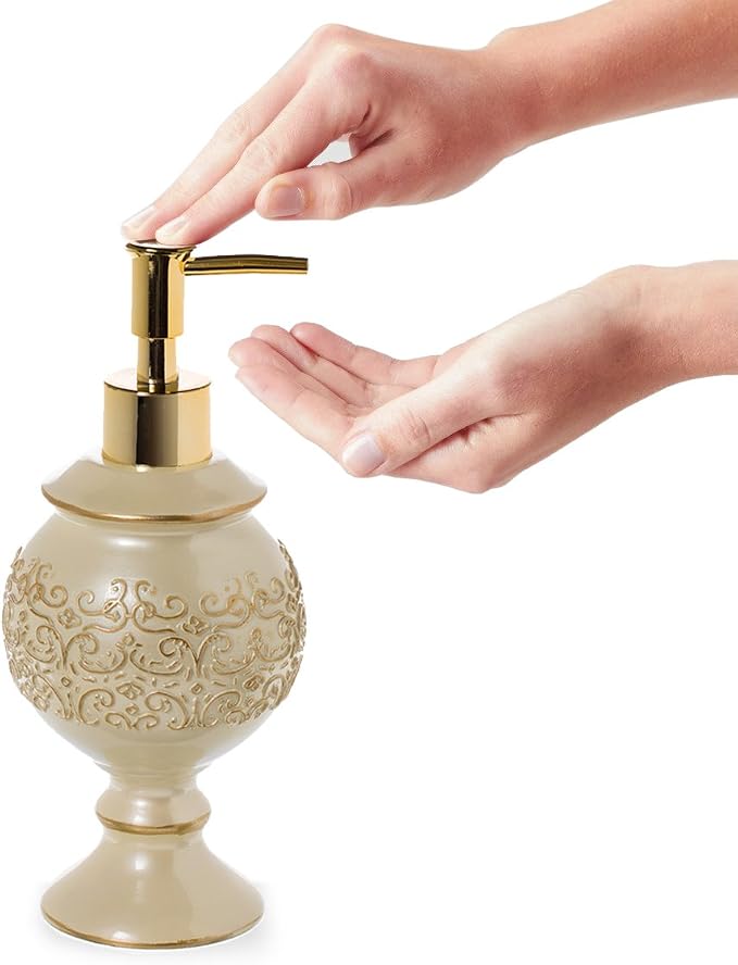 Shannon Beige with Gold 4 Piece Resin Bathroom Accessories Set | Includes Soap Dispenser, Toothbrush Holder, Tumbler Cup & Soap Dish