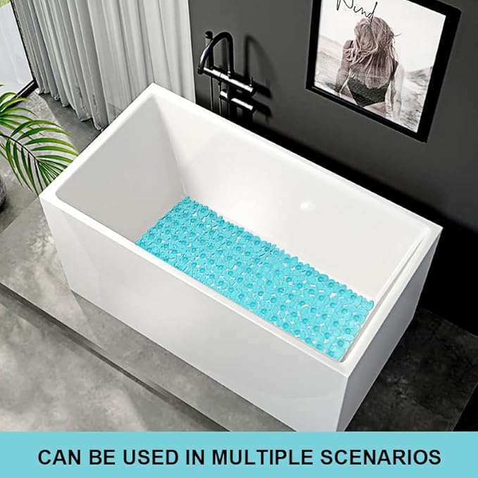Pebble Shower Mat for Bathtub Non Slip 35"X16" with Suction Cup Clear Green | Anti Slip in Shower with Drain Holes