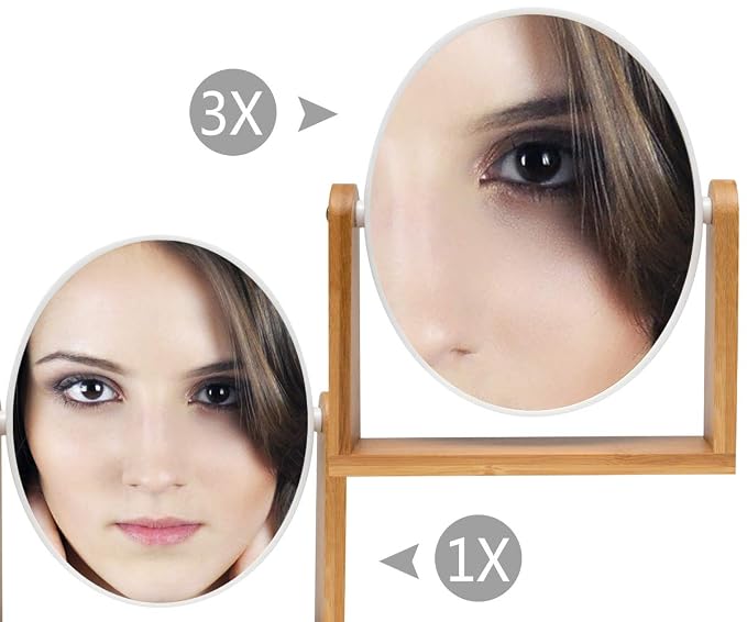 YEAKE Vanity Makeup Mirror with Natural Bamboo Stand, 8 Inch Double Sided 3X Magnification Swivel Mirror for Bathroom & Desk