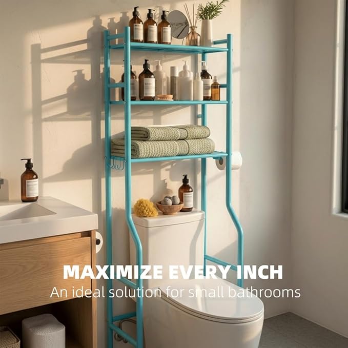 GloTika 3-Tier Over Toilet Storage, Anti-Tilt, 64" H, Blue | Anti-Tilt Safety System, 150lb Capacity, Carbon Steel, Freestanding, No Drilling, Anti-Rust Coating, Paper Holder & 4 Hooks