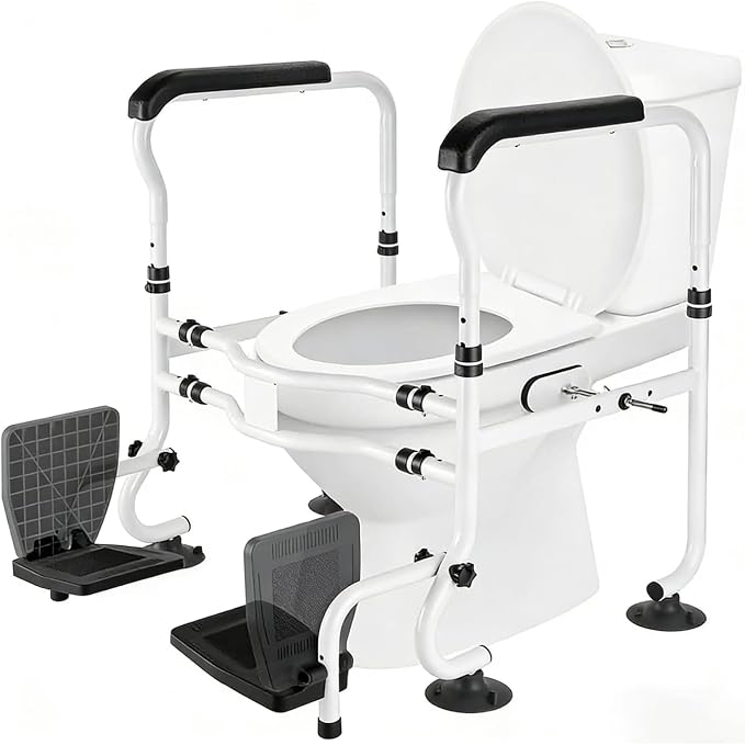 Toilet Safety Rails with Footrests, Adjustable Height & Width, Foldable Heavy Duty Toilet Safety Frame with Handles, Supports 500 lbs, Fits Most Standard Toilets-Suit for Elderly, Seniors & Disabled