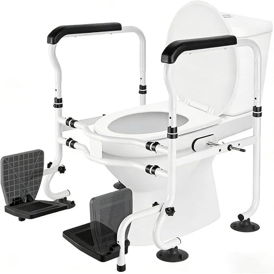 Toilet Safety Rails with Footrests, Adjustable Height & Width, Foldable Heavy Duty Toilet Safety Frame with Handles, Supports 500 lbs, Fits Most Standard Toilets-Suit for Elderly, Seniors & Disabled