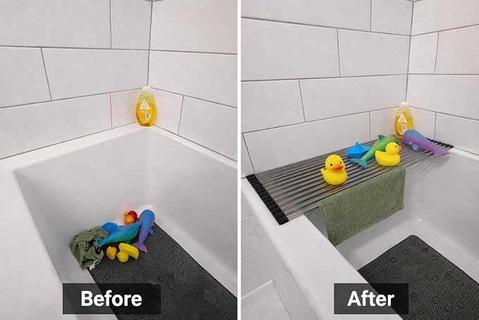 28" Bathtub Drying Rack for Bath Toys, Over-the-Tub Roll-Up Shelf & Tray | Fits tub openings up to 28 in. wide; measure first. Fast-draining, non-slip silicone tips; holds toys, cups & washcloths