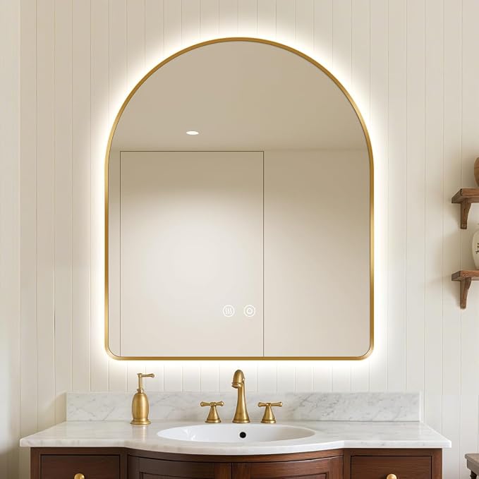 30 x 36 in Arched LED Bathroom Mirror, Brushed Gold Framed, Backlit | Vanity Mirror with Lights, Wall Mounted Lighted Mirror, Dimmable 3-Color Shatter-Proof Arch Smart Mirror, UL-Listed, CRI≥93