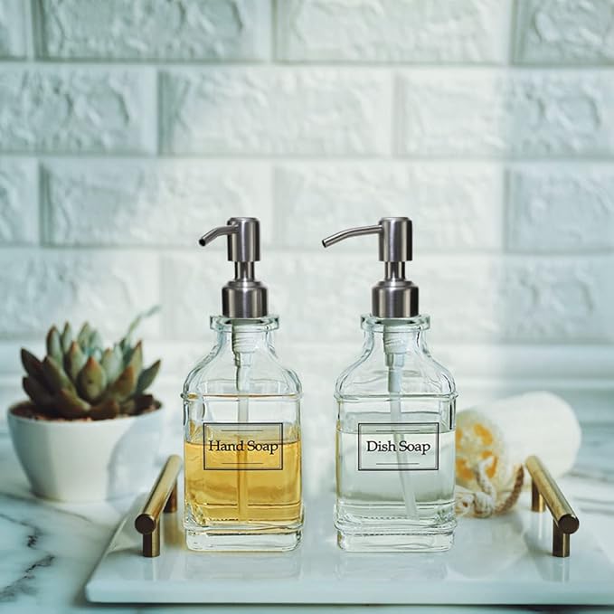 JASAI Antique Design Soap Dispenser with Rust Proof 304 Stainless Steel Pump, Refillable Glass Soap Dispenser with 10Pcs Clear Stickers, Premium Kitchen & Bathroom Soap Dispenser | Refillable Glass Soap Dispenser with 10Pcs Clear Stickers, Premium Kitc...