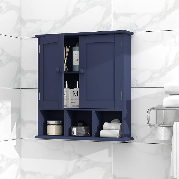 TaoHFE Blue Bathroom Over The Toilet Storage Cabinet | Wall Medicine Cabinet Organizer With 2 Door Adjustable Shelves,Wooden Modern Bathroom Shelves Wall Mounted Laundry Room