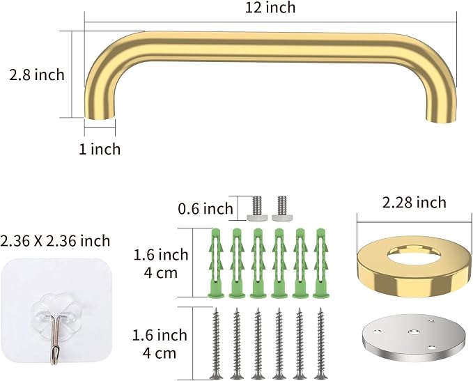 ZUEXT 12 Inch Gold Safety Grab Bar for Bathroom Shower, Stainless Steel | Concealed Wall Mount Grab Bar Handle, Bathroom Balance Bar, Safety Hand Rail Support, Handicap Elderly Injury Seniors Assist