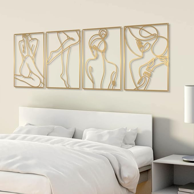 Glamativity 4 Pack Minimalist Wall Art, Real Metal Abstract Wall Art (Woman's Body Shape, Gold Elegant Style, M Size 17 x 11.8'')