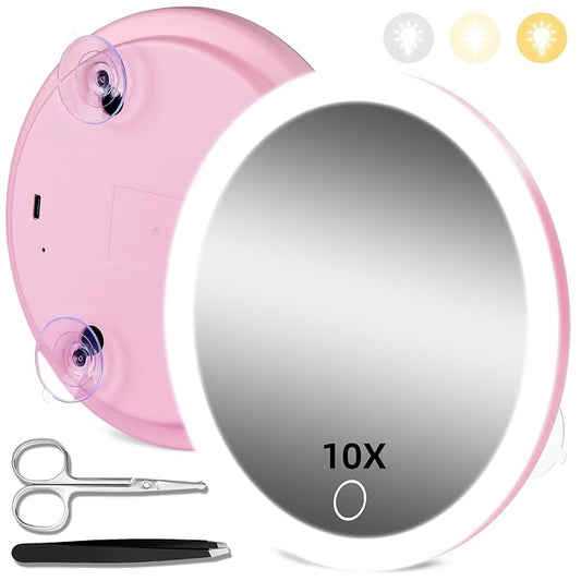 10X Magnifying Mirror with Lights, 10X Magnified Mirror with 3 Suction Cups | 3 Color Dimmable Lights, Rechargeable Makeup Magnifying Mirror 6inch Travel 10X Magnification Mirror with Tweezers & Scissors