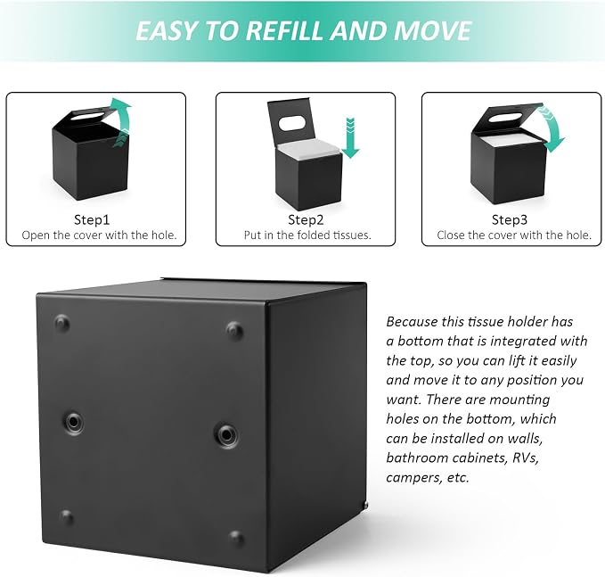 JunSun Square Tissue Box Cover Tissue Box Holder Napkin Holder Tissue Cube Box Decorative Holder for Bathroom Bedroom Office Dresser Nightstand Desk Tabletop 5"X 5" X 5"-Stainless Steel Matte Black