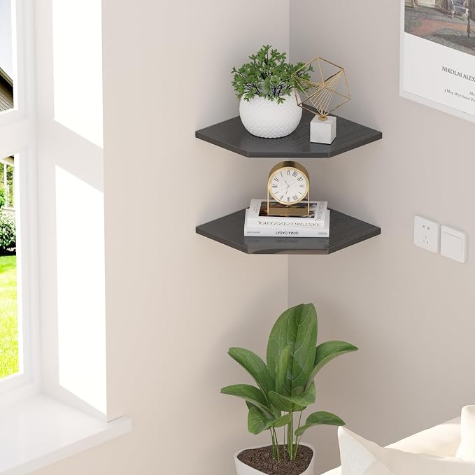 JJL Corner Wall Shelf, Set of 2 Floating Corner Shelf for Wall Storage,Easy-to-Assemble,Wall Mount Corner Shelves for Teen Boy Room Decor,Minimalist Decor(14.76in Black)