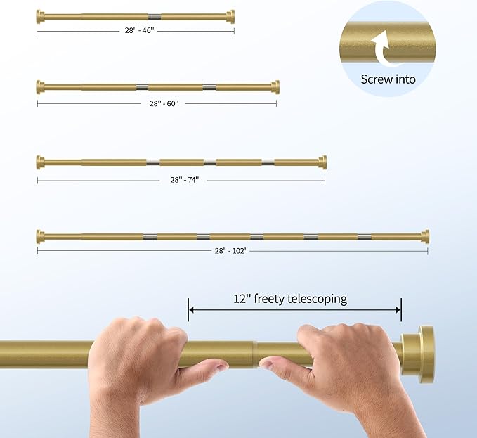 Mcrbeay Shower Curtain Rod, 1" Diameter Heavy Duty Tension Shower Rod, Non Slip Adjustable 28-102 inch No Drilling Shower Curtain Rods Spring Tension For Bathroom, Shower Stall, No Rust, Chrome Gold