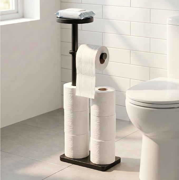Toilet Paper Holders Free Standing, Holds up to 7 Rolls Toilet Paper Stand with Storage, Bathroom Toilet Paper Organizer with Top Shelf for Small Items, 1-Min Rotating-Lock Assembly, Black,L