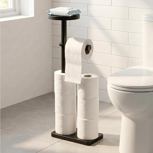 Toilet Paper Holders Free Standing, Holds up to 7 Rolls Toilet Paper Stand with Storage, Bathroom Toilet Paper Organizer with Top Shelf for Small Items, 1-Min Rotating-Lock Assembly, Black,L