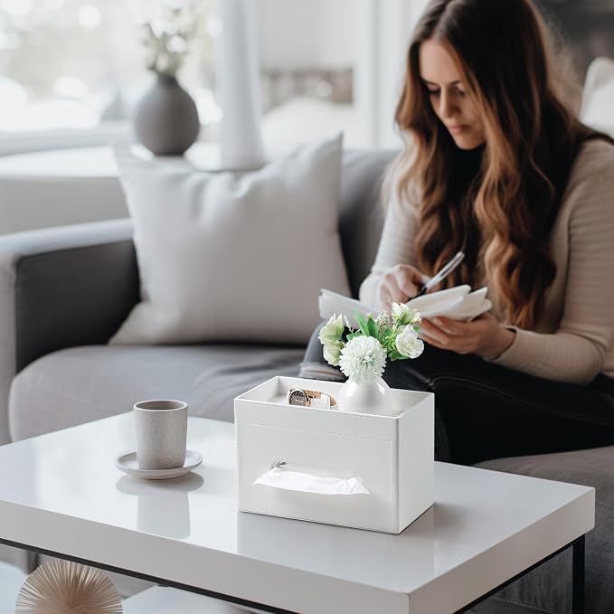 Plus Size Tissue Box Cover, Rectangle Tissue Box Organizer, White | Fit 180/230 Count Tissue Boxes, Storage Tray, PU Leather Large Tissue Box Cover, Rectangular Tissue Box Holder for Bathroom