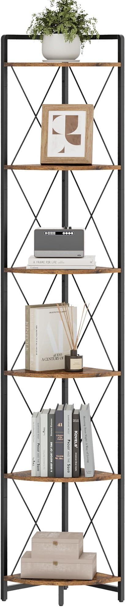 6 Tier Corner Shelf Stand, 78" H Tall Corner Bookshelf, Rustic Brown | Industrial Metal Corner Shelf for Living Room Decor, Plant Stand Display Shelf for Bedroom, Bathroom, Small Spaces