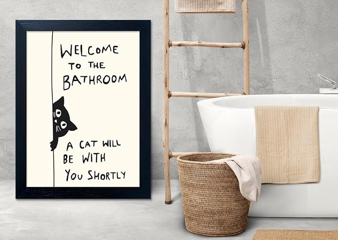 Framed Black and White Bathroom Painting Welcome to the Bathroom Wall Art A cat Will be With You Shortly Funny Cat Lover Picture Canvas Print Poster Modern Home Decor