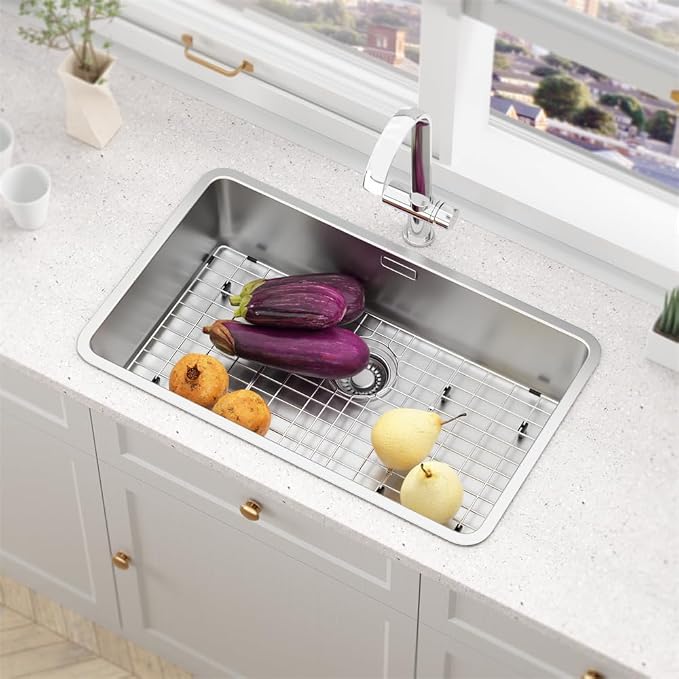SANNO Kitchen Sink Protectors - Stainless Steel Sink Grid with Rear Drain Hole, Sink Rack 27.6" L x 14.6" W