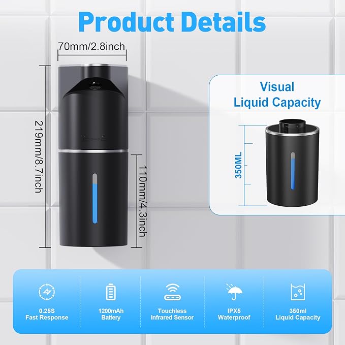 Fantictas Automatic Liquid Soap Dispenser, 3 Levels for Kitchen and Bath | For Hand and Dish Soap, Responsive Sensor, Type-C Charging, 90-day Use, Wall Mountable, IPX5 Waterproof, 350ML, Black Gel