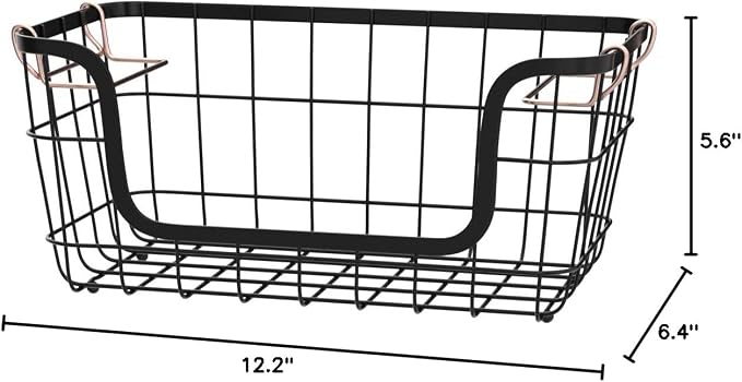 Amazon Basics Stackable Metal Wire Rectangular Storage Baskets for Kitchen, Bathroom or Pantry Organizing, 2 Count, Black (Pack of 4)