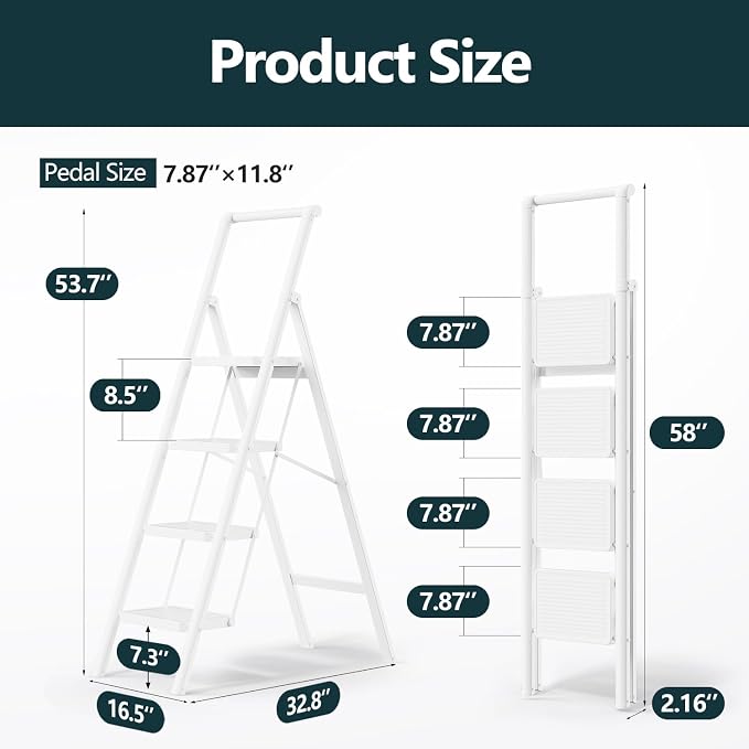 4 Step Foldable Step Stool with Handrail, 330lbs Load, White | Folded 58'' H x 3'' T; Net 14.8 lbs; Anti-Slip Feet Grip Wood, Tile, Carpet; Wide Pedals; For Shelves, Repairs.