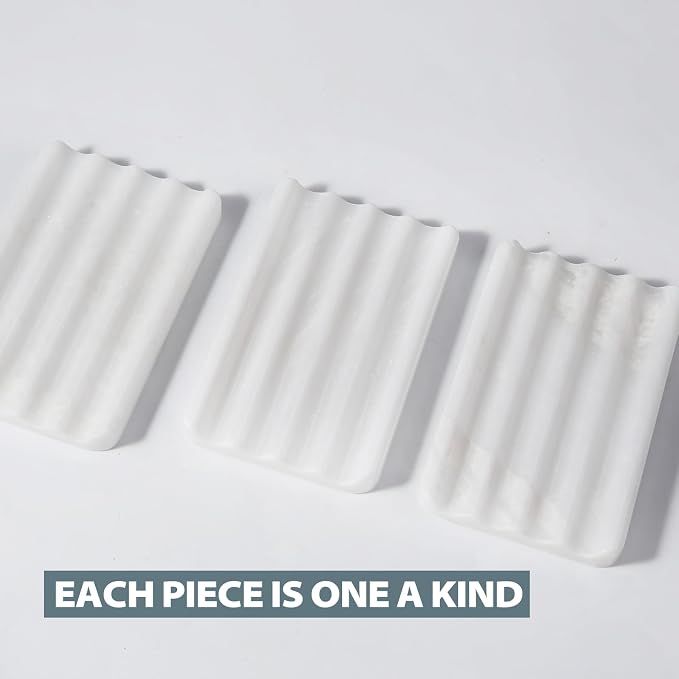 African Natural Marble Soap Dish for Shower, Stone Soap Tray for Bathroom, Bar Soap Holder for Sink, Stripe Grooves Soap Saver Stone Dish Keep Bars Dry Easy Clean (Namib Bianco)