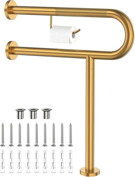 ZUEXT 24x28 Inch Gold Knurled Toilet Grab Bar with Toilet Paper Holder | Wall to Floor, Anti-slip Handicap Grab Bar, Stainless Steel Bathroom Support Rail with Leg, For Elderly Disabled Pregnant
