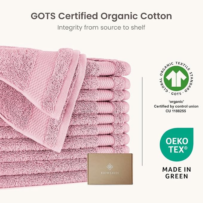 100% Organic Cotton 700 GSM Plush Premium Washcloths 13" x 13" GOTS Certified, Face Towels Perfect for Home & Bathroom - Dusty Pink, Pack of 12