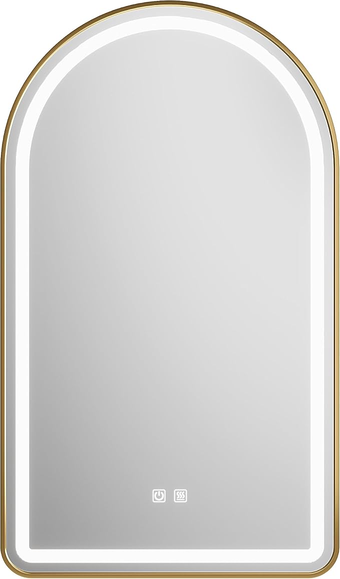 Arched Bathroom Mirror 24"x36", Gold, LED Tempered Glass | arch led bathroom mirror gold wall mounted vanity lighted tempered glass dimmable anti fog metal frame