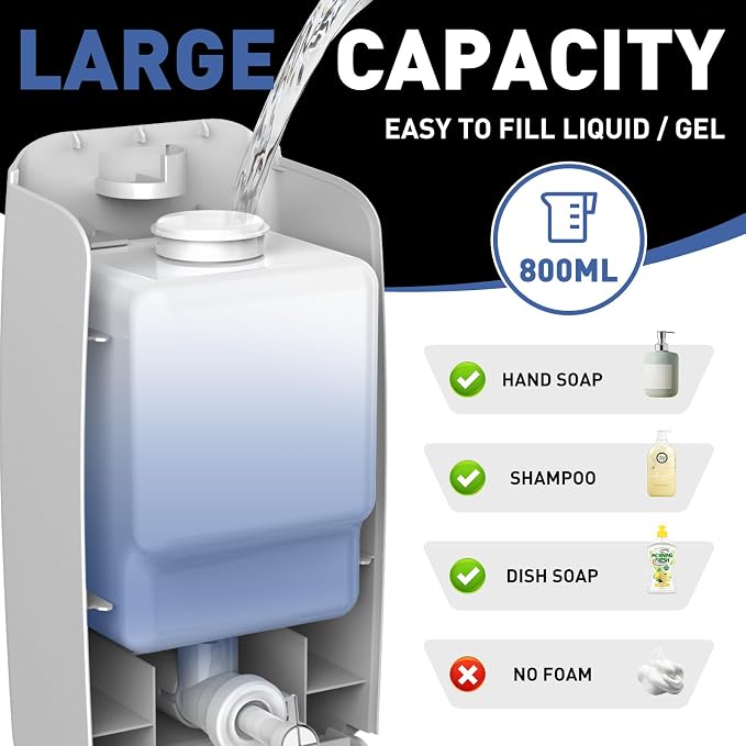 Commercial Soap Dispenser Wall Mount Manual Pump Hand Soap Dispenser 800ml Gel Liquid Hand Sanitizer Dispenser Self Adhesive for Home Bathroom (Silver)
