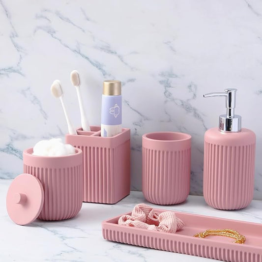 XLHOMO Resin Pink Bathroom Accessories Set 5 Pcs, Lotion Soap Dispenser, Toothbrush Holder, Bathroom Tumbler, Qtip Holder and Vanity Tray, Bathroom Countertop Organizer Set for Modern Home Apartment