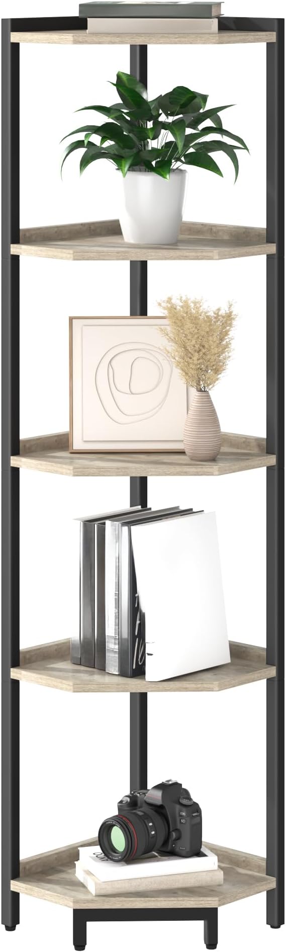Hzuaneri Corner Shelf Stand, Corner Bookshelf with Metal Frame | Storage Standing Shelf Unit Plant Stand, Bookcase for Living Room, Home Office, Bedroom, 5-Tier Greige CS05905B