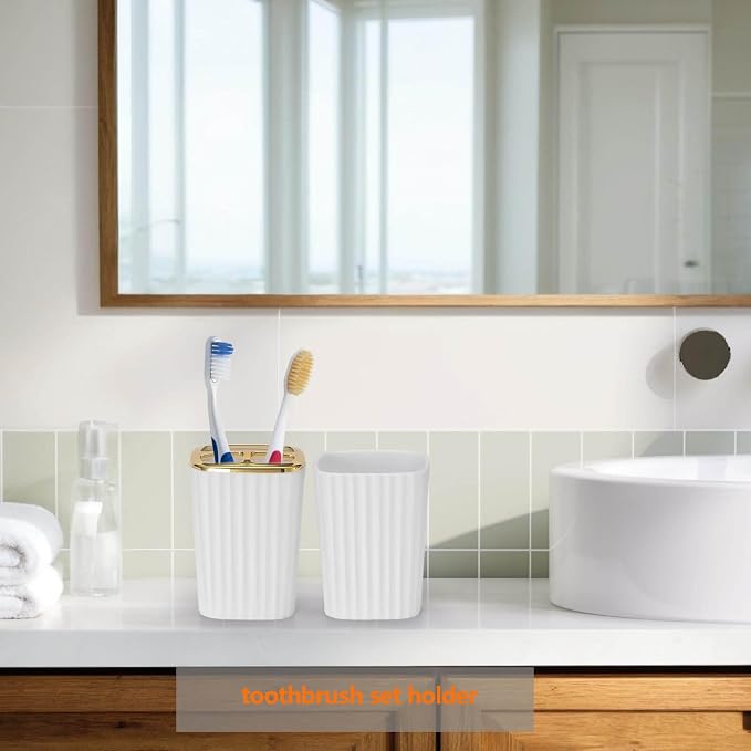 9 PCS White Bathroom Accessories Set with Trash Can Bathroom Accessory | All-in-One Kit with Trash Can,Toothbrush Holder,Soap Dispenser,Toothbrush Cup,Vanity Tray,Soap Dish,Toilet Brush etc for Home