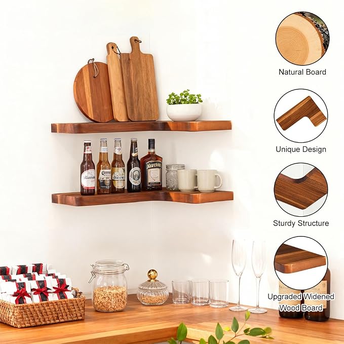 Floating Corner Shelves, Wall Shelf Set of 2, Shelves for Wall Storage, Solid Wood Shelves for Storage, Wall Mount Wooden Display Shelf for Bathroom Bedroom Kitchen Garage (Acacia 2pcs)