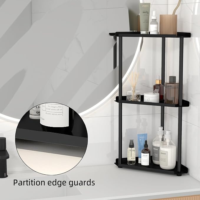 FLE Corner Bathroom Counter Organizer, 3 Tier Corner Shelf Countertop Black | 3 Tier Corner Shelf, Tabletop Mount,Waterproof solid shelf fits bathroom toiletries and kitchen condiment storage.