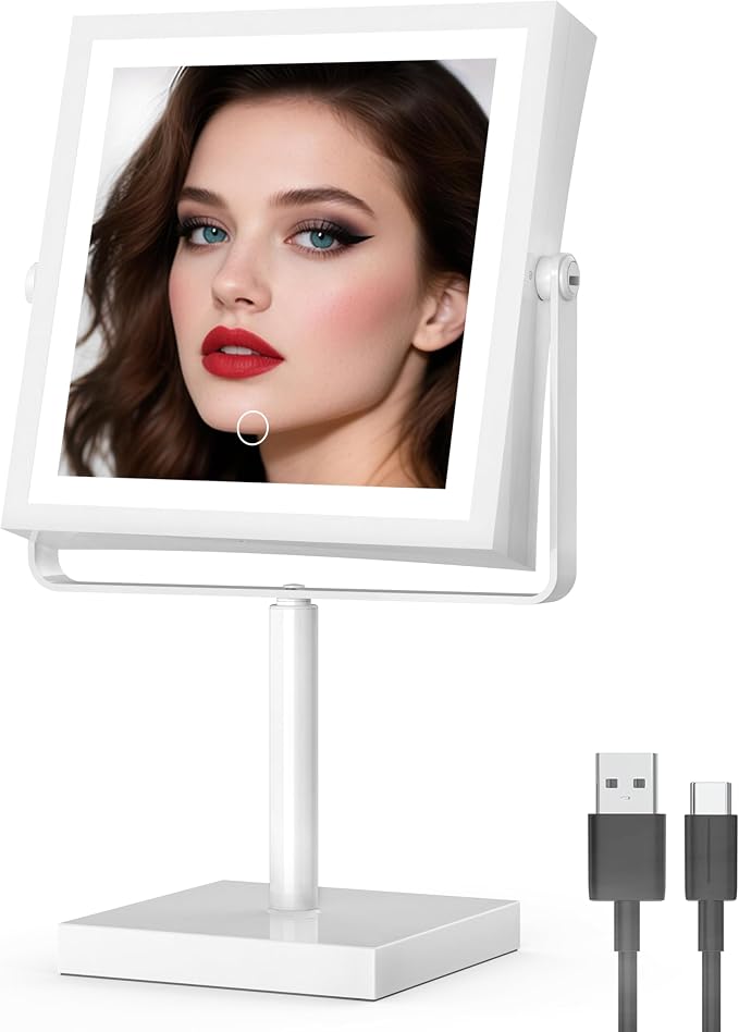 Ruacq Makeup Mirror with Lights 1X/10X Height Adjustable White | 8",4000mAh Rechargeable,Dual Sided Magnifying Vanity Mirror,3 Color Lights,Adjustable Brightness,Square,Gift for Women