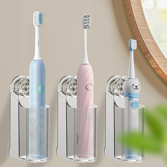 3 Pack Electric Toothbrush Holders for Bathroom, Wall Mounted Clear Electric Toothbrush Organizer, Self Adhesive Bathrooms Toothbrush Storage for Shower, Saving Space and Keep Drying (Grey)