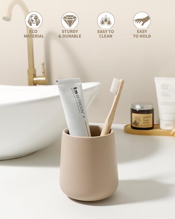 BosilunLife Bathroom Toothbrush Holder - Ceramic Toothbrush Cup Holder 13Oz Khaki Toothbrush Holder for Bathroom Toothbrush and Toothpaste Holder for Bathroom Vanity Countertop, Ideal for Home, Hotel