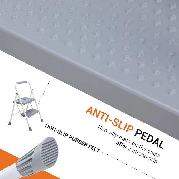 Sweetcrispy 2 Step Ladder, 800lbs Folding Step Stool with Anti-Slip Pedal | Lightweight, Portable Stepping Stool with Sturdy Ladder, Convenient Handrail, for Kitchen, Garage & Outdoor Use, Grey