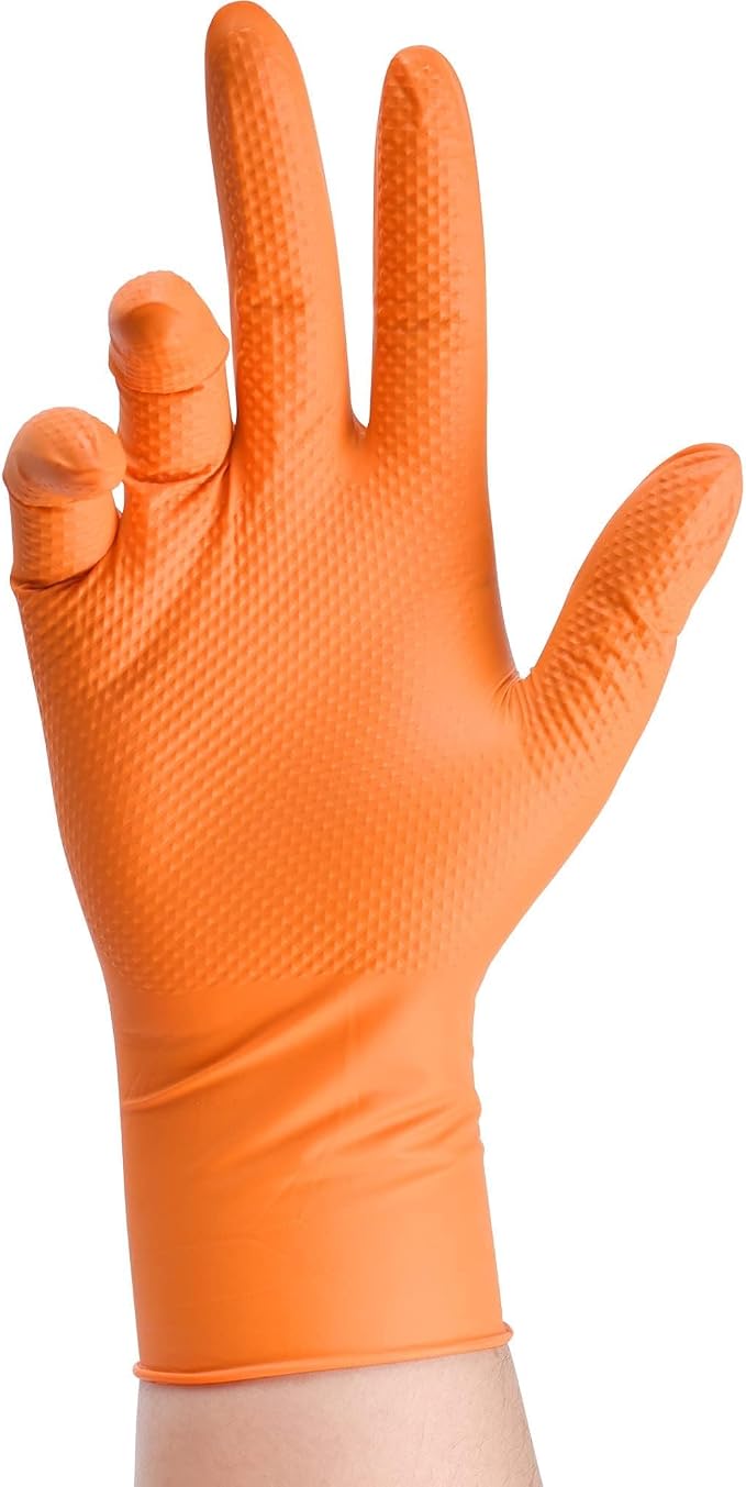 Heavy Duty Industrial Orange Nitrile Gloves, 8-mil, Gloves Disposable Latex Free with Raised Diamond Texture Grip, Powder Free, Rubber Glove, Mechanic Gloves,50-ct Box (XXL)