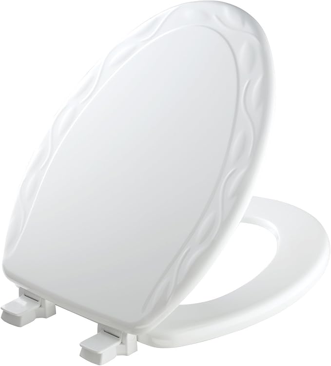 Mayfair Sculptured Ivy Toilet Seat, Easy Clean Hinges with Durable Wood Seat, Made in USA, Elongated, White